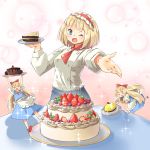  &gt;_&lt; 3girls ^_^ alice_margatroid apron arnest berries blonde_hair blue_eyes blue_skirt blue_vest blush bow bubble_background cake chef_uniform closed_eyes doll eyebrows_visible_through_hair food frilled_hairband frills fruit hair_bow hairband highres holding_up layered_cake lolita_hairband long_sleeves looking_at_viewer minigirl mint multiple_girls one_eye_closed open_mouth outstretched_hand pastry pink_hairband plate puffy_sleeves red_bow red_footwear red_headwear red_neckwear shanghai_doll shirt short_hair short_sleeves skirt skirt_set sleeve_cuffs smile sparkle strawberry table touhou vest waist_apron white_legwear white_shirt 