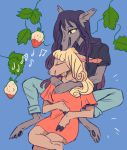  absurd_res anthro basha_(uzon) blonde_hair blue_background bottomwear canid canine canis cervid clothing duo female female/female food fruit hair hi_res jeans jessie_(uzon) mammal pants plant romantic_ambiance romantic_couple simple_background strawberry uzon wolf 