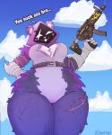 2024 absurd_res anthro bear belt blue_sky breasts cloud day dialogue digital_media_(artwork) english_text epic_games female fortnite fur gun hi_res insult kooriki looking_at_viewer low-angle_view mammal purple_body purple_fur ranged_weapon raven_team_leader shaded sky smug smug_grin solo submachine_gun text thick_thighs weapon wide_hips