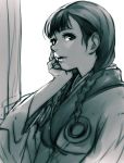  1girl asano_rin bangs blade_of_the_immortal braid breasts chin_rest greyscale hair_ornament hankuri japanese_clothes kimono long_hair looking_at_viewer medium_breasts monochrome parted_lips solo twin_braids upper_body 