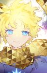  1boy blonde_hair blue_eyes fate/requiem fate_(series) half-closed_eyes highres male_focus noco_(adamas) portrait scarf smile triangle_print voyager_(fate/requiem) 