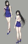  1girl alternate_costume ass backless_dress backless_outfit black_hair blue_dress concept_art dress final_fantasy final_fantasy_vii final_fantasy_vii_remake full_body grey_background high_heels long_hair looking_back multiple_views official_art roberto_ferrari short_dress simple_background solo standing strap tifa_lockhart 