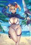  1girl absurdres ahoge artoria_pendragon_(all) baseball_cap beach bikini blonde_hair blue_headwear blue_jacket blue_sky cropped_jacket fate/grand_order fate_(series) flower hair_between_eyes hair_flower hair_ornament hair_through_headwear hat highres hitomin_(ksws7544) jacket lance mysterious_heroine_xx_(foreigner) ocean polearm ponytail shrug_(clothing) side-tie_bikini sky swimsuit thigh_strap thighs twinmyniad weapon white_bikini wristband zipper_pull_tab 