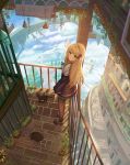  1girl absurdres ame_sagari blonde_hair building cat cloud flower green_eyes hair_ornament highres lamppost long_hair long_sleeves looking_at_viewer original railing scenery shoes skirt stairs tree 