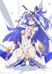  1girl ass ass_visible_through_thighs blue_hair blush breasts cameltoe covered_navel covered_nipples elbow_gloves gloves highres katana kazanari_tsubasa leotard long_hair looking_at_viewer medium_breasts mochi_hanpen purple_hair revealing_clothes senki_zesshou_symphogear shiny shiny_hair shiny_skin side_ponytail simple_background solo squatting sword thighhighs weapon white_background white_legwear 