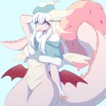  1:1 2020 big_breasts blue_background bottomless breasts clothed clothing cute_fangs doughnut dragon food hat headgear headwear hi_res horn kitsuneten looking_at_viewer non-mammal_breasts open_mouth open_smile pawpads pink_body pink_eyes pink_skin raised_arm scalie simple_background smile solo topwear wings 