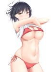  1girl absurdres ahoge arms_up bangs bikini black_hair blush breasts cleavage commentary_request covered_nipples expressionless eyebrows_visible_through_hair highres kanade_pa large_breasts lifted_by_self looking_at_viewer navel original red_bikini shirt shirt_lift side-tie_bikini simple_background standing swimsuit underboob undressing white_background white_shirt yellow_eyes 