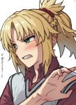  1girl blonde_hair blush braid clarent_(fate) collared_shirt fate/grand_order fate_(series) green_eyes hair_ornament hair_scrunchie half_up_braid high_ponytail highres mitsurugi_sugar mordred_(fate) mordred_(fate/apocrypha) parted_bangs ponytail red_scrunchie red_shirt scrunchie shirt short_hair sidelocks solo sweater_vest translation_request 