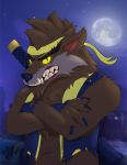  anthro canid canine canis claws clothing dire_(fortnite) epic_games fortnite glowing glowing_eyes hi_res jacket katana lightroastyote male mammal melee_weapon moon solo sword teeth topwear video_games weapon were werecanid werecanine werewolf wolf 