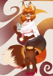  anthro autumn_(praexon) big_breasts breasts canid canine cleavage clothed clothing dipstick_tail eyewear female footwear fox garter_straps glasses hi_res higgyy high_heels mammal multicolored_tail shoes solo teapot wide_hips 