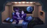  2020 anthro anus bed bedding blanket bodily_fluids breasts butt canid canine casual_nudity claws detailed_background earth facial_markings female fox fur furniture genital_fluids genitals head_markings hellstorm lights looking_at_viewer mammal markings milkwyvern navel nipple_piercing nipples nude on_bed pawpads piercing pillow purple_body purple_fur pussy pussy_juice pussy_juice_string sitting sitting_on_bed solo space spread_legs spreading toe_claws window 