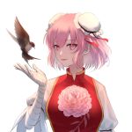  1girl absurdres bandaged_arm bandages bangs bird breasts bun_cover chinese_clothes chinese_commentary collar double_bun flower genmacxiii highres ibaraki_kasen layered_clothing lips looking_at_viewer open_hand pink_eyes pink_flower pink_hair pink_rose puffy_sleeves red_ribbon ribbon rose short_hair short_sleeves sideways_glance solo tied_sleeves touhou white_hair 