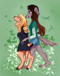  absurd_res anthro basha_(uzon) blonde_hair blush bottomwear brown_hair canid canine canis cervid clothing dress duo female green_background hair hi_res jessie_(uzon) mammal romantic_ambiance romantic_couple shirt shorts simple_background topwear uzon walking wolf 