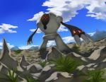  blue_sky cloud cloudy_sky commentary creature day english_commentary full_body gen_3_pokemon grass legendary_pokemon no_humans outdoors pinkgermy pokemon pokemon_(creature) registeel rock sky solo standing 