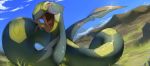  blue_sky brown_eyes cloud commentary creature day english_commentary fangs gen_3_pokemon grass no_humans outdoors pinkgermy pokemon pokemon_(creature) rock seviper sky snake solo 