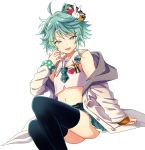  1boy :d ahoge arm_support bare_shoulders belt collarbone commentary_request eyebrows_visible_through_hair green_eyes green_hair green_neckwear hair_ornament hairclip half-closed_eyes hand_up hat heart holostars jacket kagami_kira long_sleeves looking_at_viewer male_focus midriff navel necktie nyokkiiiiin one_side_up open_mouth otoko_no_ko pleated_skirt short_hair sitting skirt smile solo thighhighs thighs transparent_background upper_body virtual_youtuber 