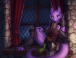  2019 anthro armor belt clothed clothing detailed_background dragon female green_eyes holding_cup holding_object light lighting looking_at_viewer milkwyvern pauldron purple_body scalie sitting smile solo western_dragon window 