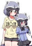  2girls alternate_costume animal_ears black_neckwear blue_hair blue_skirt blue_sweater blush bow bowtie brown_eyes commentary_request common_raccoon_(kemono_friends) cowboy_shot eyebrows_visible_through_hair flying_sweatdrops fur_collar grey_hair height_difference highres kemono_friends multicolored_hair multiple_girls multiple_persona ngetyan nose_blush patchwork_skin pleated_skirt puffy_short_sleeves puffy_sleeves raccoon_ears raccoon_girl raccoon_tail red_eyes shirt short_hair short_shorts short_sleeves shorts skirt sweatdrop sweater t-shirt tail translation_request white_hair yellow_shirt zombie 