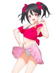  1girl \m/ a1 armpit_peek bandaid bangs bare_arms bare_legs bare_shoulders black_hair black_tank_top blush breasts cameltoe cleavage collarbone covered_nipples cowboy_shot flat_chest groin hair_between_eyes hair_ribbon looking_at_viewer loose_clothes loose_shirt love_live! love_live!_school_idol_project miniskirt navel nico_nico_nii off_shoulder open_mouth panties pleated_skirt puffy_nipples red_eyes red_ribbon red_skirt ribbon shirt simple_background skirt skirt_lift smile smiley_face solo stomach sweat t-shirt tank_top tied_hair tied_shirt twintails undershirt underwear up_sleeve white_background white_panties wind wind_lift yazawa_nico 