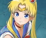  1girl absurdres bishoujo_senshi_sailor_moon blonde_hair blue_background blue_eyes blue_sailor_collar blush breasts choker circlet cleavage clenched_teeth collarbone crescent crescent_earrings derivative_work double_bun earrings from_side hair_over_shoulder heart highres jewelry long_hair magical_girl parted_lips rayrei1414 red_choker rubble sailor_collar sailor_moon sailor_moon_redraw_challenge sailor_senshi_uniform screencap_redraw short_sleeves solo sweatdrop teeth tsukino_usagi twintails upper_body 