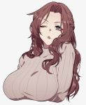  1girl :o bangs braid breasts brown_hair brown_sweater commentary_request french_braid grey_background grey_eyes highres large_breasts long_hair menoo_(meno1921) mole mole_under_mouth one_eye_closed open_mouth original parted_bangs ribbed_sweater sweater upper_body wavy_hair 