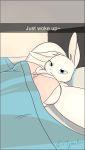 anthro areola areola_slip artist_name bed black_pupils blue_eyes breasts dirtywater english_text female fur furniture head_on_pillow hi_res lagomorph leporid looking_at_viewer mammal nipple_outline on_bed pillow rabbit solo text white_body white_ears white_fur 