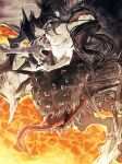  1girl arachne arthropod_girl arthropod_limbs black_hair breasts chaos_witch_quelaag colored_lineart dark_souls_(series) dark_souls_i extra_eyes extra_mouth fang head_back highres holding holding_sword holding_weapon lava long_hair long_tongue looking_at_viewer medium_breasts monster_girl multiple_heads nipples pale_skin prehensile_tongue red_eyes sharp_teeth spider_girl spikes sword taur teeth togeppoi tongue tongue_out topless underlighting weapon 