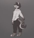  anthro bottomwear canid canine canis clothing commission_art domestic_dog feet fur fur_pattern hi_res jeans looking_at_viewer looking_back male mammal pants shirt snaftfc solo sweater topwear 