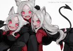  3girls :d animal_ears black_gloves black_legwear black_neckwear black_pants black_suit black_tail black_vest blush breasts cerberus_(helltaker) character_name collared_shirt demon_girl demon_tail dog_ears dog_girl eyebrows_visible_through_hair fang fangs formal gloves hand_on_another&#039;s_head helltaker highres hug huge_breasts kairi630 large_breasts long_hair looking_at_viewer matching_outfit multiple_girls necktie neckwear open_mouth pants red_eyes red_shirt shirt siblings silver_hair simple_background sisters sitting smile suit tail triplets very_long_hair vest white_background white_hair 