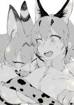  2girls absurdres animal_ears blush bow bowtie breast_pocket breasts caracal_(kemono_friends) caracal_ears closed_eyes elbow_gloves extra_ears eyebrows_visible_through_hair eyes_visible_through_hair facing_another fangs glomp gloves greyscale hair_between_eyes happy highres hug kemono_friends large_breasts looking_at_another medium_hair monochrome multicolored_hair multiple_girls open_mouth pocket serval_(kemono_friends) serval_ears shibainu_goro shirt sidelocks sleeveless sleeveless_shirt smile teeth upper_body 