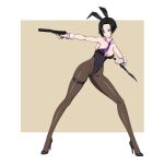  1girl absurdres aiming animal_ears black_footwear black_hair black_leotard black_pantyhose bob_cut breasts brown_background dagger detached_collar dual_wielding fake_animal_ears gun high_heels highleg highleg_leotard highres holding inverted_bob knife large_breasts leotard necktie original outside_border pantyhose playboy_bunny purple_necktie rabbit_ears short_hair solo standing strapless strapless_leotard tanke_laide thigh_strap two-tone_background weapon wrist_cuffs 
