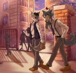  anthro beastars canid canine canis clothing duo happy hi_res legoshi_(beastars) lone male mammal necktie school slice_of_life smile spiritd suspenders tall walking wolf 