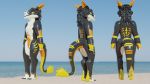  16:9 3d_(artwork) beach black_body colored digital_media_(artwork) fullforceural green_eyes hi_res kronas long_tail male markings multicolored_body pool_toy sand seaside sergal squeaky tail_tuft tuft water white_body widescreen 