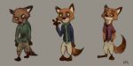  2020 barefoot blood bodily_fluids bottomwear brown_body brown_fur canid canine clothed clothing disney fox fully_clothed fur gesture green_eyes kungfufreak07 mammal multiple_poses necktie nick_wilde pants pawpads pose red_fox shirt simple_background slit_pupils smile standing topwear undead waving zombie zootopia 