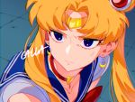  1girl artist_name bishoujo_senshi_sailor_moon blonde_hair blue_eyes blue_sailor_collar calla0611 choker circlet closed_mouth collarbone crescent crescent_earrings derivative_work earrings hair_bun heart heart_choker jewelry long_hair red_choker sailor_collar sailor_moon sailor_moon_redraw_challenge sailor_senshi sailor_senshi_uniform screencap_redraw solo sweatdrop tsukino_usagi twintails upper_body 