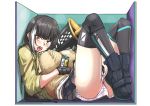  1girl bangs black_footwear black_gloves black_hair black_legwear black_skirt boots box breast_hold breasts covered_nipples cramped full_body girls_frontline gloves hand_on_own_chest heterochromia highlights huge_breasts id_card in_box in_container jacket knee_pads knees_up long_hair looking_at_viewer lying megaphone miniskirt multicolored_hair on_back open_clothes open_jacket open_mouth orange_eyes panties petticoat pink_panties ro635_(girls_frontline) shin_ichi_(zenshuu_bougyo) skirt solo sweater thighhighs tongue tongue_out underwear very_long_hair yellow_eyes 
