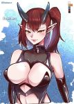  big_breasts breasts demon ear_piercing ear_ring female hair hi_res horn horned_humanoid humanoid humanoid_pointy_ears lightingsaber looking_at_viewer mammal not_furry piercing red_hair solo 