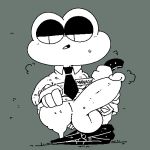  1:1 aliasing amphibian anthro balls belt big_balls big_penis black_and_white bodily_fluids bottomless clothed clothing digital_media_(artwork) frog full-length_portrait genitals green_background half-closed_eyes low_res male monochrome name_tag narrowed_eyes necktie pants_down partially_clothed penis portrait sailewder simple_background solo spot_color sweat thick_thighs toony 