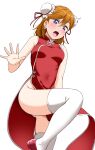  1girl bare_shoulders blush breasts bun_cover china_dress chinese_clothes double_bun dress earrings hair_bun hair_ornament hair_ribbon heart heart_earrings highres jewelry love_live! love_live!_superstar!! medium_breasts medium_hair open_mouth orange_hair pelvic_curtain purple_eyes ribbon shibuya_kanon side_slit simple_background small_sweatdrop surprised thighhighs white_background white_thighhighs yopparai_oni 