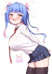  1girl alternate_costume artist_logo black_skirt black_thighhighs blue_hair breasts collared_shirt dress_shirt fang gradient_hair highres i-19_(kancolle) kantai_collection large_breasts leaning_forward logo long_hair multicolored_hair necktie pink_hair pleated_skirt red_eyes red_necktie shirt simple_background skin_fang skirt smile solo star-shaped_pupils star_(symbol) symbol-shaped_pupils thighhighs tiemu_(man190) tri_tails twintails white_background white_shirt 