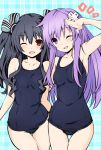  2girls bare_shoulders black_hair blush breasts competition_school_swimsuit d-pad d-pad_hair_ornament hair_between_eyes hair_ornament iwasi-r long_hair looking_at_viewer multiple_girls nepgear neptune_(series) one-piece_swimsuit one_eye_closed open_mouth purple_eyes purple_hair red_eyes salute sidelocks small_breasts swimsuit uni_(neptune_series) very_long_hair 