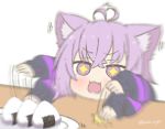  1girl :3 afterimage ahoge animal_ear_fluff animal_ears cat_ears dish english_commentary eyebrows_visible_through_hair fang food hololive kukie-nyan long_sleeves nekomata_okayu onigiri open_mouth purple_hair rice short_hair sleeves_past_wrists solo star star-shaped_pupils symbol-shaped_pupils table trembling twitter_username upper_body v-shaped_eyebrows virtual_youtuber 