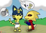  animal_crossing ankha_(animal_crossing) anthro bandage blue_hair breasts claws clothing digital_media_(artwork) domestic_cat dragon dres duo egyptian feather_duster felid feline felis female fur hair male mammal nintendo scalie speech_bubble trejo_the_zoroark video_games yellow_body 