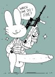  2020 aliasing anthro balls big_penis black_and_white clothing dialogue digital_media_(artwork) domestic_rabbit english_text fluffy fluffy_tail full-length_portrait genitals green_background gun huge_penis humor hyper hyper_genitalia hyper_penis lagomorph leporid male mammal military_uniform monochrome oryctolagus penis portrait rabbit ranged_weapon sailewder simple_background solo sparkles speech_bubble spot_color standing text toony topwear uniform vest weapon whiskers 