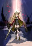  +_+ 1girl :3 absurdres asymmetrical_sleeves birdcage black_leotard blonde_hair blood blood_stain cage cape commentary_request earrings ereshkigal_(fate) fate/grand_order fate_(series) full_body fur-trimmed_cape fur_trim gold_trim hair_ribbon highres holding holding_weapon hood hoop_earrings infinity_symbol jewelry leotard light_rays long_hair looking_at_viewer meslamtaea_(weapon) multicolored_clothes parted_bangs red_cape red_eyes ribbon signature single_sleeve single_thighhigh smile solo spotlight suzuki_rika thighhighs tiara two-tone_cape two_side_up uneven_sleeves very_long_hair weapon yellow_cape 