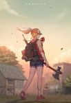  1girl apple axe backpack bag bandaged_arm bandaged_leg bandages bandaid_on_leg baseball_cap blonde_hair blue_eyes blurry blurry_background building dark_duck eating facing_away food fruit gun hair_through_headwear hat highres holding holding_axe holding_food holding_fruit long_hair outdoors ponytail shorts solo sunset weapon wind zhelter 