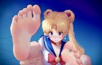  1girl bare_legs barefoot bishoujo_senshi_sailor_moon blue_sailor_collar choker crescent crescent_earrings derivative_work double_bun earrings feet greek_toe heart heart_choker highres ice_(dzs1392584271) jewelry legs_up long_hair no_shoes pov_feet red_choker sailor_collar sailor_moon sailor_moon_redraw_challenge sailor_senshi sailor_senshi_uniform screencap_redraw soles spread_toes toenails toes tsukino_usagi 