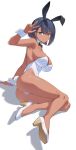  1girl absurdres aether_foundation_employee animal_ears arm_support ass bare_legs black_bow black_bowtie black_hair black_hairband border bow bowtie breasts brown_eyes bunny_day closed_mouth colored_shoe_soles commentary dark-skinned_female dark_skin detached_collar english_commentary fading_border fake_animal_ears fake_tail gradient_background hair_between_eyes hairband high_heels highres holographic_clothing iridescent large_breasts legs leotard looking_at_viewer mzrz playboy_bunny pokemon pokemon_sm pumps rabbit_ears rabbit_tail reflective_clothes shadow shoe_soles short_hair sitting smile solo split_mouth strapless strapless_leotard tail thong_leotard w white_border white_footwear white_leotard white_wrist_cuffs wrist_cuffs yokozuwari 