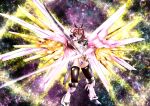  absurdres ahoge beam_saber black_thighhighs blue_eyes brown_hair commentary_request gundam gundam_seed gundam_seed_freedom highleg highleg_leotard highres holding holding_sword holding_weapon horse_girl leotard mecha_musume mighty_strike_freedom_gundam mihono_bourbon_(umamusume) sword thighhighs umamusume v-fin w00l_09 weapon white_leotard 