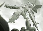  alteisen battle dcam-004_lion flying from_below greyscale highres ishiyumi mecha mecha_focus monochrome motion_blur no_humans pile_bunker robot super_robot_wars super_robot_wars_original_generation 